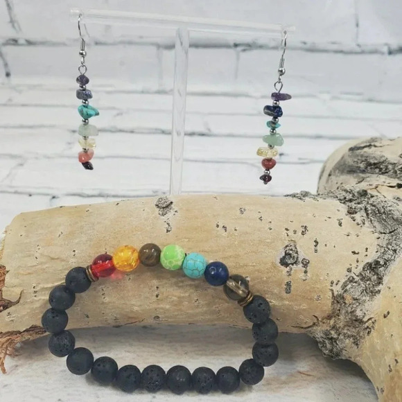 Beautiful Chakra Stones Earrings and Matching Black Lava Stone Chakra Bracelet. - Picture 12 of 15